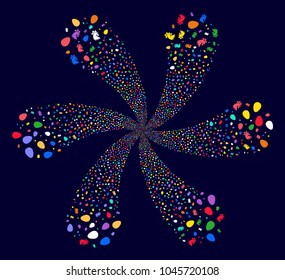 Psychedelic Chicken Egg rotation composition on a dark background. Psychedelic twist combined from scattered chicken egg symbols.