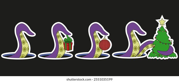 Psychedelic Christmas sticker set in trendy cartoonish weird style. Flat Christmas patch collection isolated black, Vector illustration can used social media holiday sticker. EPS 10