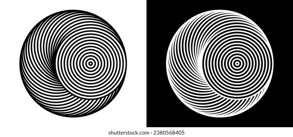 Fondo abstracto del círculo psicodélico. Ilusión de transición dinámica. Forma negra sobre un fondo blanco y la misma forma blanca sobre el lado negro.