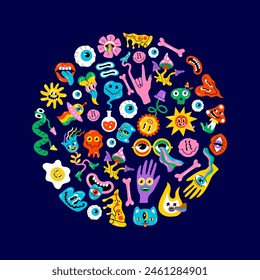 Psychedelic circle round colored background with psychological symbols cartoon eyes liquid smiles mushrooms