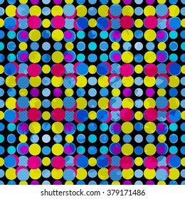 psychedelic circles on a black background. grunge effect. vector illustration.