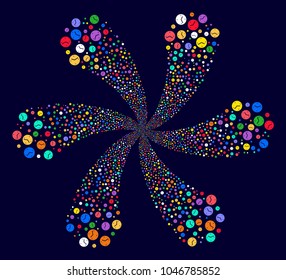 Psychedelic Clock exploding flower cluster on a dark background. Hypnotic whirlpool designed from scattered clock items.