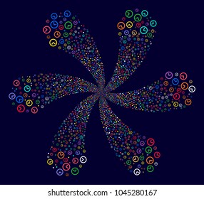 Psychedelic Clock twirl bang on a dark background. Suggestive whirlpool combined from randomized clock symbols.