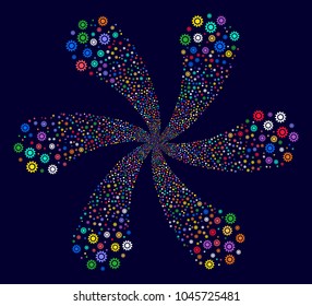 Psychedelic Cog exploding flower shape on a dark background. Hypnotic whirlpool composed from scattered cog items.