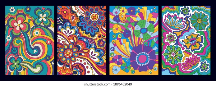 Psychedelic Color Abstract Floral Background, 1960s Hippie Art Style Patterns