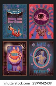 Psychedelic Color Abstract Posters Template Set, Astronaut in outer space, Engraving Eye, Retro Boxer Gentleman