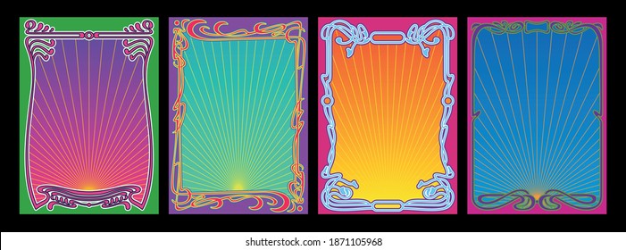 Psychedelic Color Backgrounds, Art Nouveau Frame Set, Retro Decorative Borders