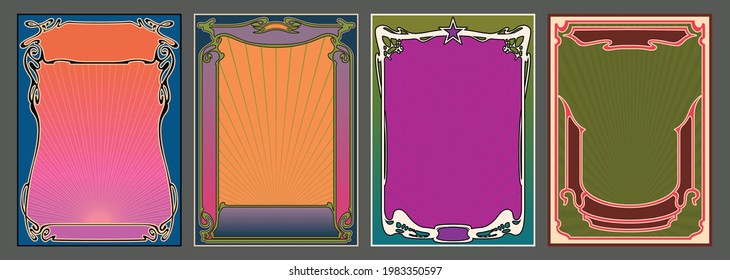 Psychedelic Color Backgrounds, Art Nouveau Style Frames, Vintage Posters Stylization 