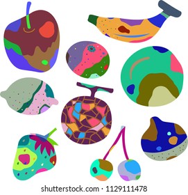 Psychedelic color fruit illustration set