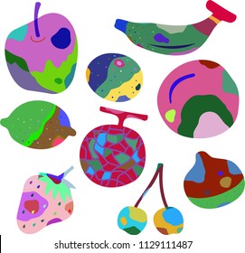 Psychedelic color fruit illustration set 2
