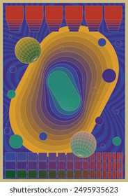 Psychedelic Color Poster, Abstract Space Background, Geometric Shapes, Globe, Gradient Portal and Steps