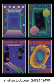 Psychedelic Color Poster Set, Abstract Space Backgrounds, Geometric Shapes, Polka Dots, Gradient Portal and Steps