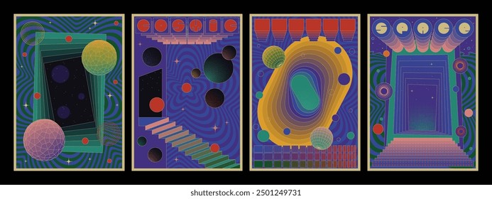 Psychedelic Color Poster Set, Abstract Space Backgrounds, Geometric Shapes, Polka Dots, Gradient Portal and Steps