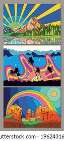 Psychedelic Color Scenery Illustration Set, Colorful Landscapes 