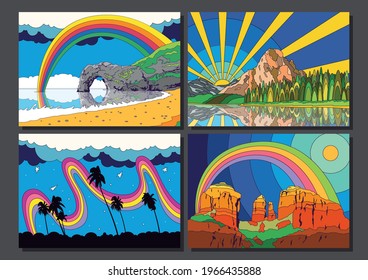 Psychedelic Color Scenery Set, Landscapes Illustrations, Coast, Forest, Desert 