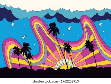 Psychedelic Color Scenery, Summer Beach Landscape, Palm Trees And Evening Sun 