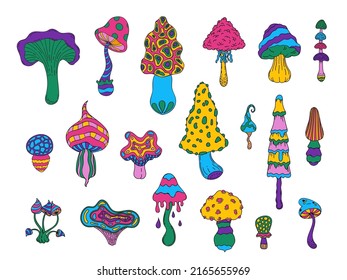 Psychedelic colored mushrooms. Doodle toadstool amanita chanterelle fantasy hallucinogenic clip art, fairy hippie forest plants. Vector set. Bright colorful botanical elements of different shape