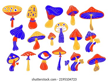 Psychedelic colored mushrooms. Mystical groovy plants, flamboyant hallucinogenic objects, acid hippie food, hand drawn fungus and toadstools, 60s retro swanky vector cartoon flat set