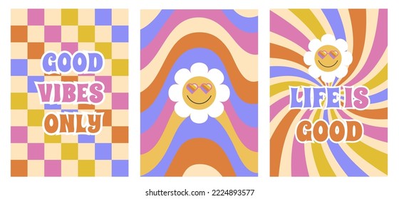 Psychedelische bunte Posterkollektion. Farbige Vektorgrafik im Vintage-Stil. Poster oder Karte der 60er Jahre, T-Shirt-Druck. Retro-Slogan auf einem Schachbrett. Fröhliche lächelnde Kamille. Vergnügen Sie sich mit Hippie-Textur.