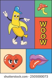Psychedelic colorful poster with crazy retro cartoon characters. Vector illustration