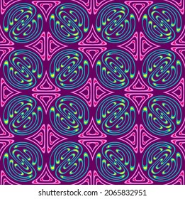Psychedelic colorful seamless vector pattern in the 60's and 70's style with tiled swirling green and red lines on dark burgundy  background.