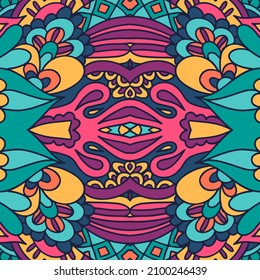 Psychedelic colorful surreal doodle pattern. Rainbow colors abstract pattern. Vector hand drawn ornamental rapport illustration.