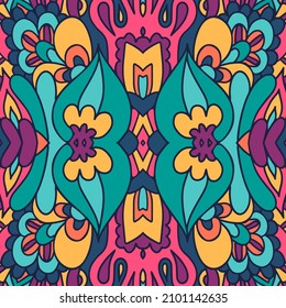 Psychedelic colorful surreal doodle pattern. Rainbow colors abstract pattern ornaments. Vector hand drawn illustration.