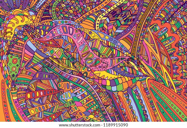 サイケデリックなカラフルな超現実的落書きパターン 虹の色の抽象的パターン 迷路のような装飾 ベクター手描きのイラスト のベクター画像素材 ロイヤリティフリー
