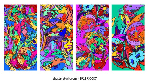 Psychedelic colorful vector hand drawn doodle illustration background for poster and banners