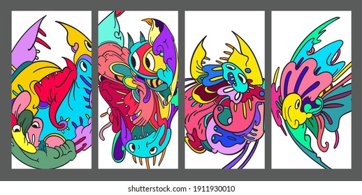 Psychedelic colorful vector hand drawn doodle illustration background for poster and banners