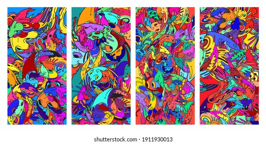 Psychedelic colorful vector hand drawn doodle illustration background for poster and banners