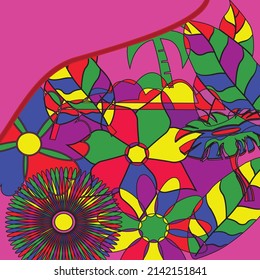 Psychedelic colorful vector hand drawn flowers and leafs illustration background for poster and banners