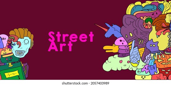Psychedelic colorful vector hand drew doodle street art illustration background for poster and banners