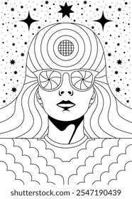 Psychedelic Coloring Page with Cosmic and Retro Elements