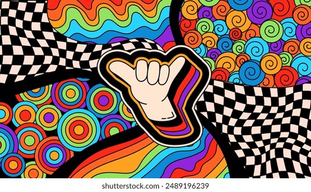 Psychedelic coloring page with gesture jumbo shaka in warm color.