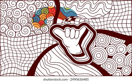 Página para colorear psicodélica con gesto jumbo shaka.