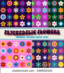 Psychedelic Colors and Flowers Seamless Patterns Set from the 1960s