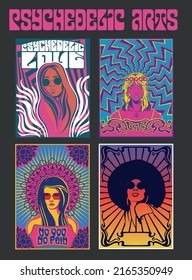 Psychedelic Colors Woman Portrait Posters. 1960s Style Vintage Illustrations Set