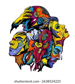 A psychedelic composition of abstract human faces interwoven into a colorful surreal cluster. Modern expressive illustration in vivid colors on white background.