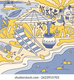Psychedelic composition of summer, sea, lemons with sun lounger and umbrella on the shore of the Mediterranean Sea in style of trippy doodle. Vintage summer vibe. Flat hand drawn vector illustration.