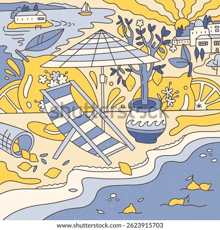 Psychedelic composition of summer, sea, lemons with sun lounger and umbrella on the shore of the Mediterranean Sea in style of trippy doodle. Vintage summer vibe. Flat hand drawn vector illustration.