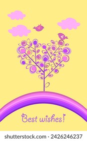 Psychedelic concept with funny decorative abstract lilac tree in heart shape, rainbow and lovely pair of birds for wedding, birthday, Valentines day greeting cards and invitations on yellow background