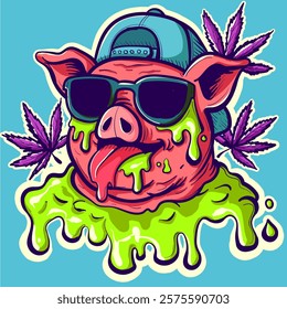 Psychedelic cool pig head sticker with sunglasses and rapper hat. Acid trippy piggy with tongue sticking out surrounded by green slime.