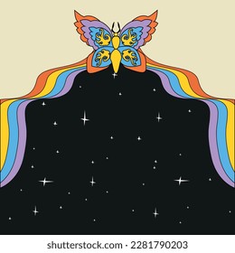 Psychedelic cool vintage background with cosmic rainbow and butterfly. Psychedelic hippie style from the 60s and 70s. vector illustration.