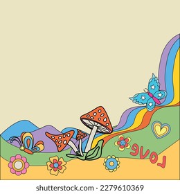 Psychedelic cool vintage background Rainbow on which the stars of the planet butterflies flying saucers mushrooms and many more different elements are located. hippie style 60s-70s. vector illustratio