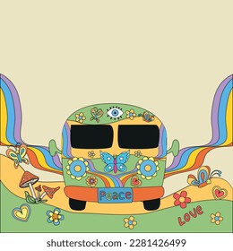 Psychedelic cool vintage background Rainbow with hippie bus stars planets butterflies flying saucers mushrooms and many more different elements. hippie style 60s-70s. vector illustration.