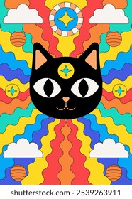 Psychedelic Cosmic Cat with Colorful Retro Waves and Celestial Elements