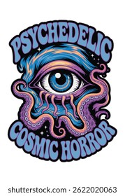 Psychedelic Cosmic Horror Eye Print Illustration T-shirt Design Vector