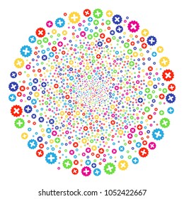 Psychedelic Create festive round cluster. Vector spheric cluster burst combined from scattered create items. Bright Vector illustration.