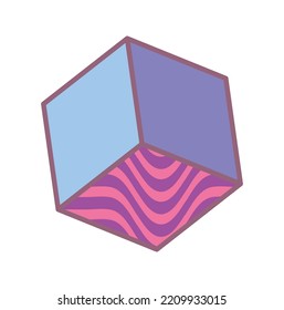 Psychedelic cube concept. Geometric multicolored figure. Back to 80s and 90s. Era of hippies, positivity and optimism. Graphic element for printing on fabric. Cartoon flat vector illustration